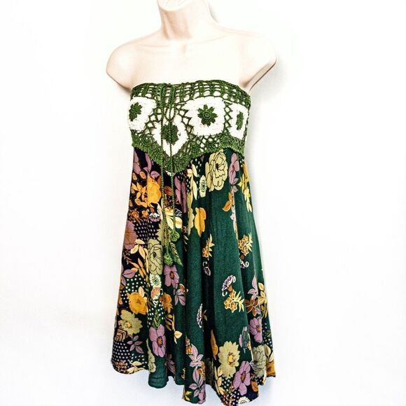 Thai Green Floral Crocheted Bodice Midi Summer Dress Sz S/M - Picture 1 of 11